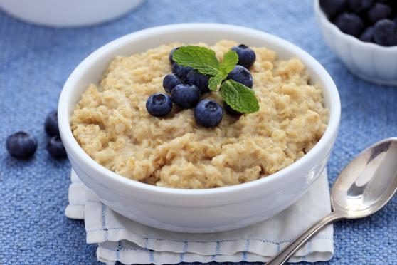 Close-up of bowl of oatmeal with blueberries
